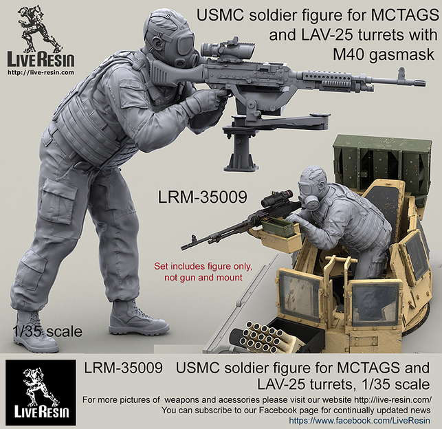 LiveResin LRM35009 USMC soldier figure for MCTAGS and LAV-25 turrets with realistic M40 gasmask 1/35