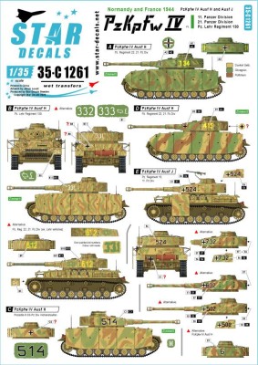Star Decals 35-C1261 Pz.Kpfw.IV in Normandy and France # 1.Pz.Kpfw.IV Ausf.H and Ausf.J 11. Pz-Division, 21. Pz-Division, Pz-Lehr Regiment 130,9. SS-Pz-Div. 'Hohenstaufen' (unconfirmed) 1/35