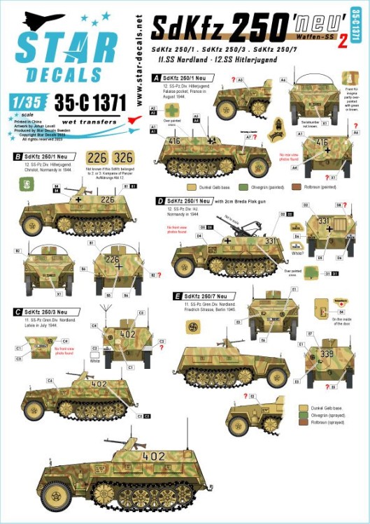 Star Decals 35-C1371 Sd.Kfz.250 'neu' # 2Sd.Kfz.250/1, Sd.Kfz.250/3 and Sd.Kfz.250/7 - Waffen-SS markings.11.SS-Nordland, 12.SS-Hitlerjugend 1/35