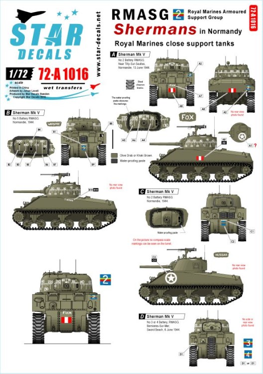 Star Decals 72-A1016 Royal Marines Close Support tanks. Compass scales for 2 complete models. RMASG Shermans in Normandy. Sherman Mk.V 1/72
