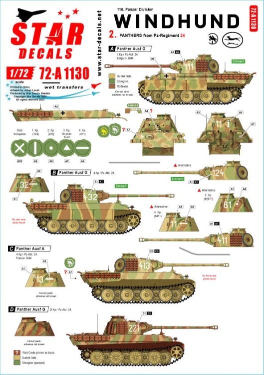 Star Decals 72-A1130 Windhund # 2. Panthers from Pz-Regiment 24.Panther Ausf.A and Ausf.G 1/72