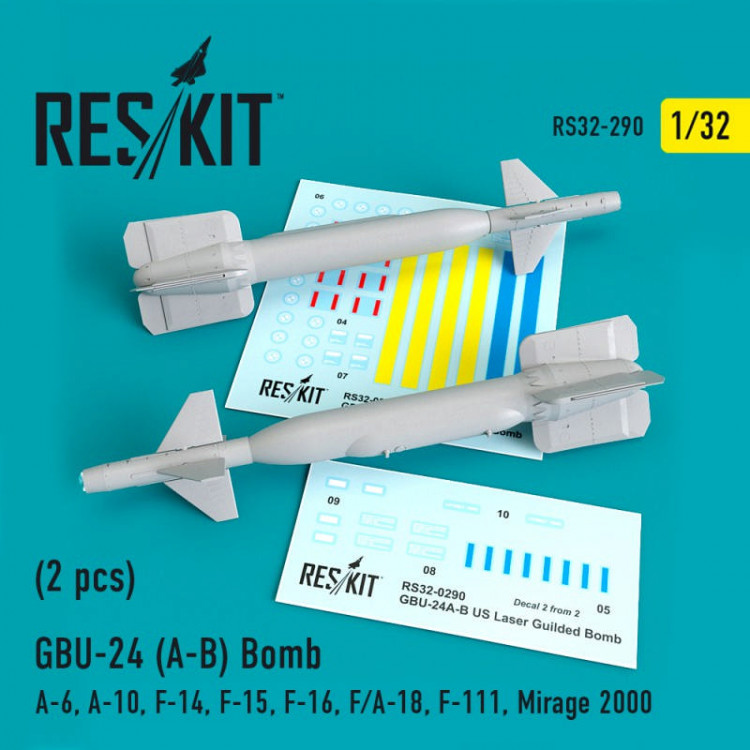 Reskit RS32-0290 GBU-24 (A-B) Bomb (2 pcs))(A-6, A-10, F-14, F-15, F-16, F/A-18, F-111, Mirage 2000) Aademy, Revell, Trumpeter, Kitty Hawk, Tamiya, Hasegawa 1/32