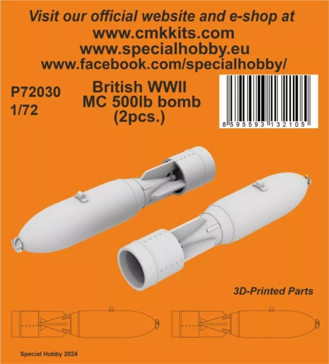 CMK P72030 British WWII MC 500lb. bomb, 2 pcs. (3D-Pr.) 1/72