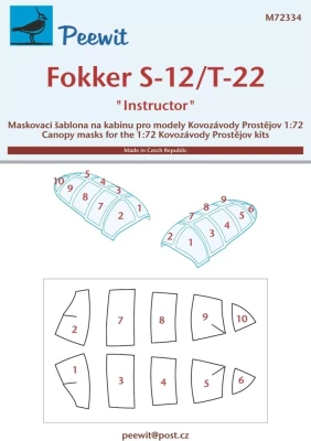 Peewit M72334 Canopy mask Fokker S-12/T-22 Instructor (KP) 1/72