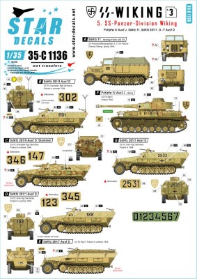 Star Decals 35-C1136 5. SS-Pz.Div. Wiking. Pz.Kpfw.IV Ausf.J, German Sd.Kfz.11, Sd.Kfz.251/1 Ausf.D, Sd.Kfz.251/3 Ausf.D, Sd.Kfz.251/7 Ausf.D, Sd.Kfz.251/9 Ausf.D 'Stummel'.SS-Wiking # 3 1/35