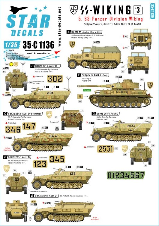Star Decals 35-C1136 5. SS-Pz.Div. Wiking. Pz.Kpfw.IV Ausf.J, German Sd.Kfz.11, Sd.Kfz.251/1 Ausf.D, Sd.Kfz.251/3 Ausf.D, Sd.Kfz.251/7 Ausf.D, Sd.Kfz.251/9 Ausf.D 'Stummel'.SS-Wiking # 3 1/35