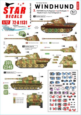 Star Decals 72-A1131 Windhund # 3. Panther Ausf.G from Pz-Reg. 16 and Pz-Brigade 111, and Pz.Kpfw.IV Ausf.J from 116. Pz Div. Windhund 1/72