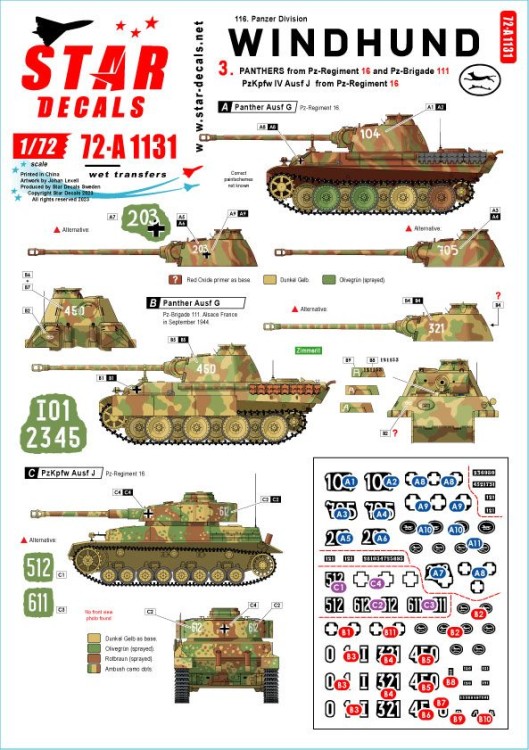 Star Decals 72-A1131 Windhund # 3. Panther Ausf.G from Pz-Reg. 16 and Pz-Brigade 111, and Pz.Kpfw.IV Ausf.J from 116. Pz Div. Windhund 1/72