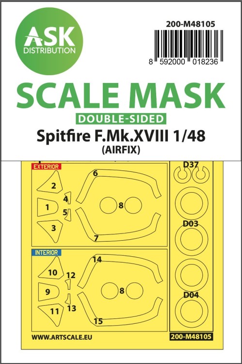 Art Scale 200-M48105 Supermarine Spitfire F Mk.XVIII wheels and canopy frame paint masks (inside and outside) 1/48