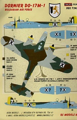 Kora Model DEC7247 Dornier Do-17M-1 (Bulgarian Air Force) декали декали 1/72