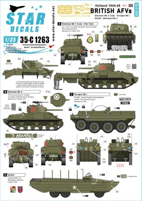 Star Decals 35-C1263 British AFVs in Holland 1944-45 # 1.Walcheren Landings. Sherman Mk.V 'Crab' flail tank, Sherman Mk.V, Terrapin Mk.I, DUKW 1/35
