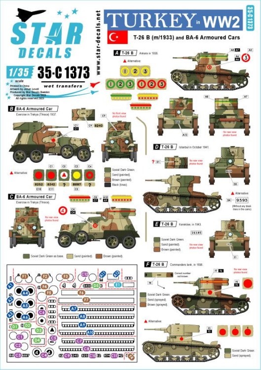 Star Decals 35-C1373 Turkey in WW2 T-26 B tanks and BA-6 armoured cars. Markings for turkish AFVs in 1930-40s. (Soviet) 1/35