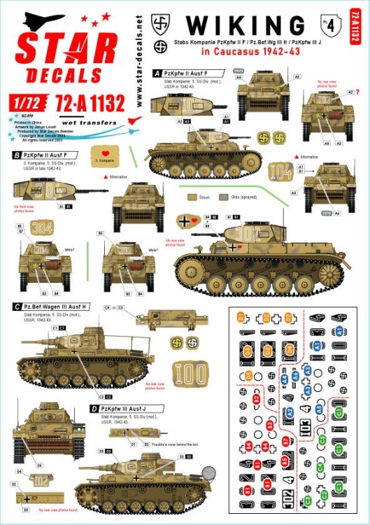 Star Decals 72-A1132 Wiking # 4.5. SS-Wiking in Caucasus 1942-43.Stabs kompanie Pz II Ausf.F, Pz.Bef.Wg III Ausf.H and Pz III Ausf.J 1/72