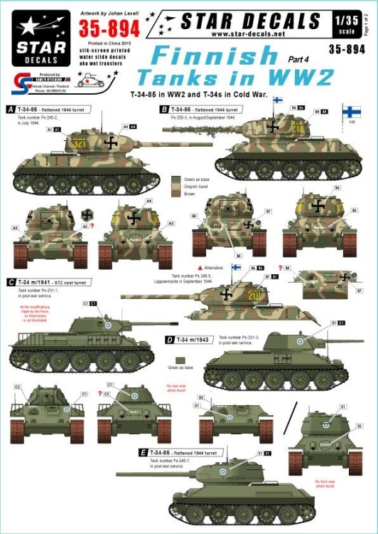 Star Decals STAR35894 Finnish Tanks in WWII (pt4). Soviet T-34-85 in WWII + T-34 in cold war 1/35