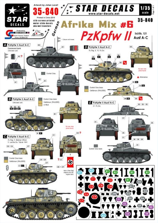 Star Decals STAR35840 German DAK/Afrika Korps Mix # 6 Pz.Kpfw.II Ausf.A-C 5 Leichte Div, 15 Pz.Div, 21 Pz.Div 1/35
