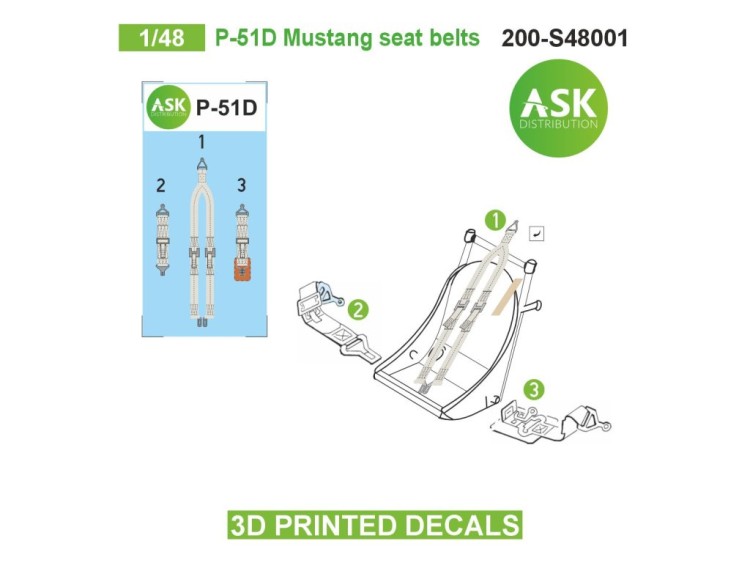 Art Scale 200-S48001 North-American P-51D Mustang seat belts - 3D-printed decals 1/48
