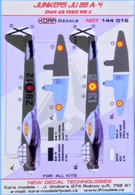 Kora Model NDT144016 Junkers Ju-88 A-4 Spain AF WWII декали 1/144
