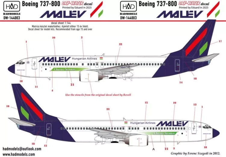 HAD DW144003 Decal Boeing 737-800 MALEV (dry-water) 1/144