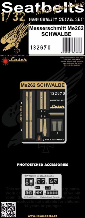 HGW 132670 Seatbelts Me 262 Schwalbe (laser) 1/32