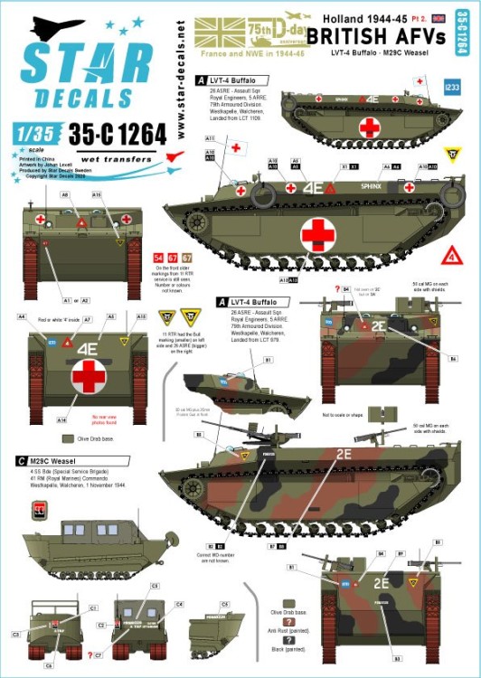 Star Decals 35-C1264 British AFVs in Holland 1944-45 # 2.Walcheren Landings. LVT-4 Buffalo and M29C Weasel 1/35