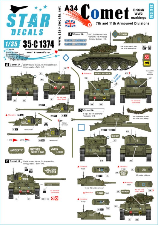 Star Decals 35-C1374 A34 CometBritish WW2 markings.22nd Armoured Brigade 7th Armoured Division, and 2nd Fife & Forfar Yeomanry, 11th Armoured Division.'Saint Patrick', 'Saint Andrew', 'Why Worry?', 'Long John Silver III', 'Vivien Leigh, and many more name