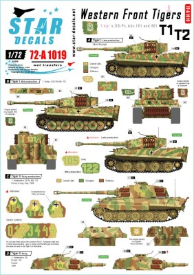 Star Decals 72-A1019 Western Front Pz.Kpfw.VI Tigers # 1. Kompanie s.SS-Pz.Abt 101/501, Pz.Kpfw.VI Tiger I and Pz.Kpfw.VI Tiger II 1/72