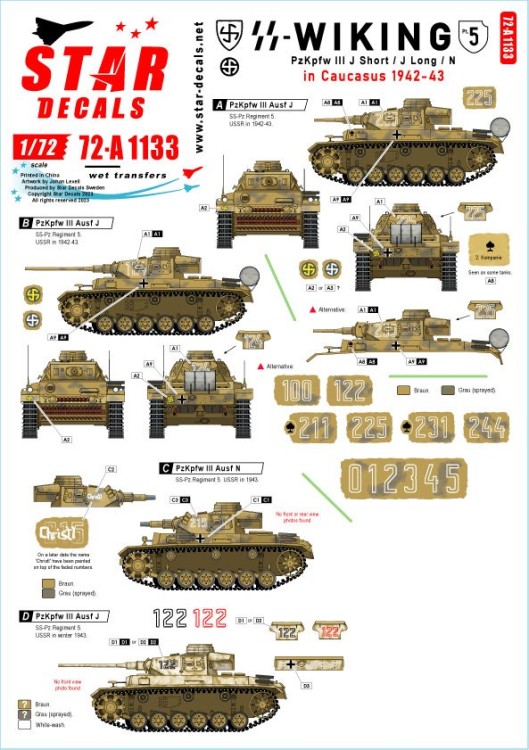 Star Decals 72-A1133 Wiking # 5.5. SS-Wiking in Caucasus 1942-43.Pz III Ausf.J short gun, Pz III Ausf.J long gun and Pz III Ausf.N.Plus generic turret numbers 0-1-2-3-4-5 1/72
