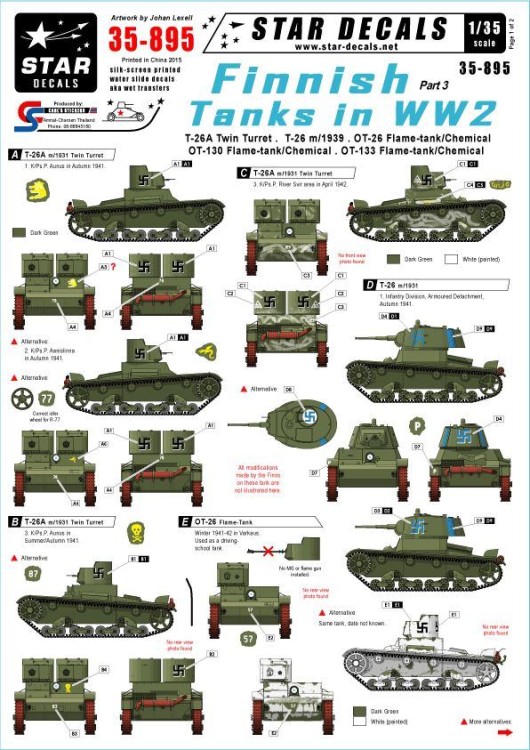 Star Decals STAR35895 Finnish Tanks in WWII (pt3). Soviet T-26A Twin turret, T-26 m/1939, OT-130/133 Chemical/Flame-tank 1/35