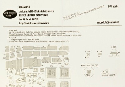 New Ware NWA-M0134 Mask Ju87B-1 Stuka CLOSED CANOPY (AIRFIX) 1/48