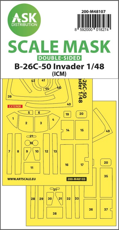 Art Scale 200-M48107 Douglas B-26C-50 Invader canopy frame paint masks (inside and outside), self-adhesive pre-cut 1/48