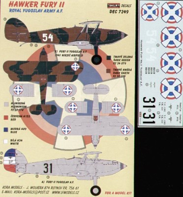 Kora Model DEC7249 Hawker Fury Mk.II (Yugoslav A.F.) декали декали 1/72