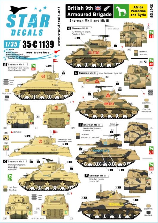 Star Decals 35-C1139 Sherman Mk.II and Mk.III in North Africa and Middle East 1942-43. HQ 9th A.Bde, Kings own Hussars, Warwickshre Yeomanry, Royal Wiltshire Yeomanry.British 9th Armoured Brigade 1/35