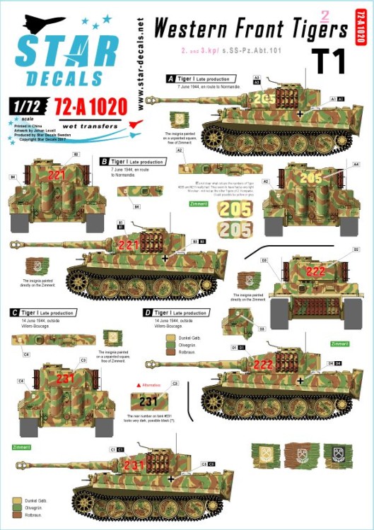 Star Decals 72-A1020 Western Front Pz.Kpfw.VI Tigers # 2. 2. and 3. Kompanie s.SS-Pz.Abt 101, in Normandy France 1944 1/72