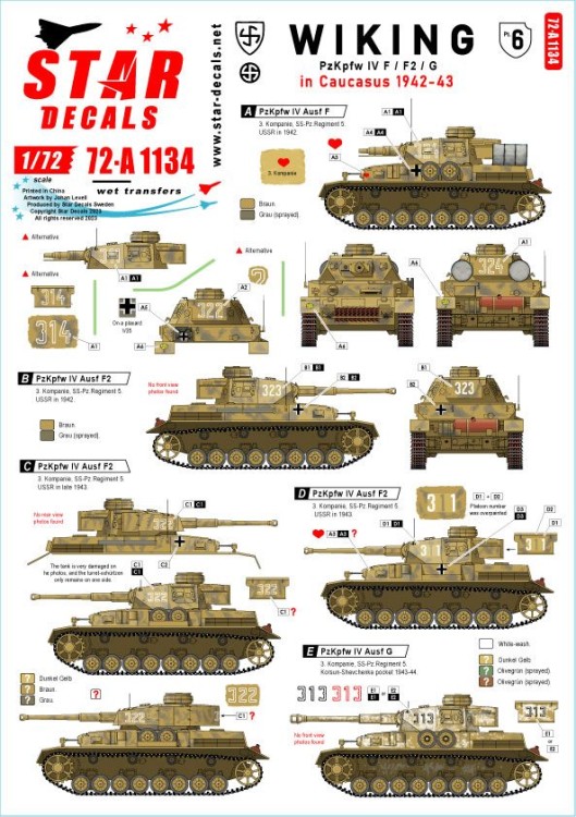 Star Decals 72-A1134 Wiking # 6.5. SS-Wiking in Caucasus 1942-43.Pz IV Ausf.F, Pz IV Ausf.F2 and Pz IV Ausf.G 1/72