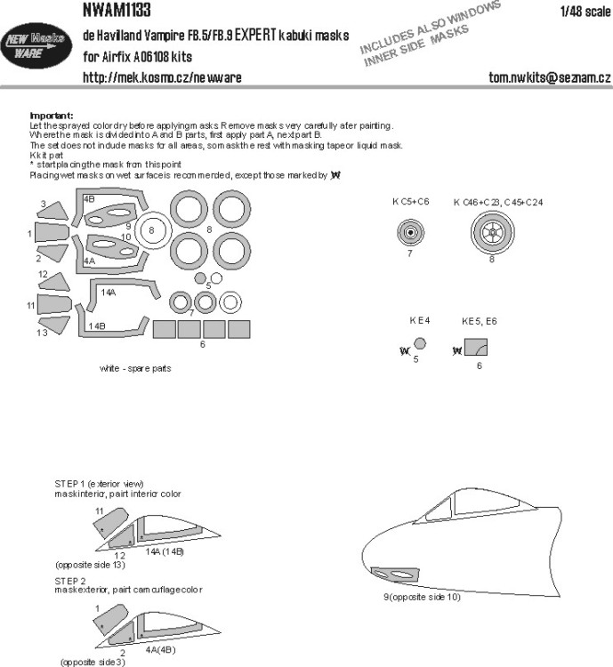 New Ware NWA-M1133 Mask DH Vampire FB.5/FB.9 EXPERT (AIRFIX) 1/48