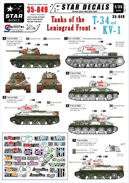 Star Decals STAR35849 Tanks of the Leningrad Front - T-34 and KV-1 tanks of the Leningrad Front [Soviet T-34 KV-1] 1/35