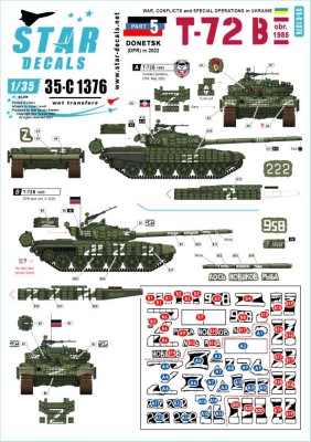Star Decals 35-C1376 War in Ukraine # 5T-72 B obr. 1986.Markings from the Donetsk Republic-DPR (including the 'Somalia' Battalion), in 2022. (Soviet) 1/35