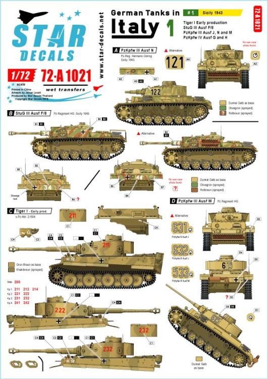 Star Decals 72-A1021 German tanks in Italy # 1. Sicilly 1943.Pz.Kpfw.VI Tiger I Early prod., Sturmgeschutz/StuG.III Ausf.F/8, Pz.Kpfw.III Ausf.J / N / M, Pz.Kpfw.IV Ausf.G / H 1/72