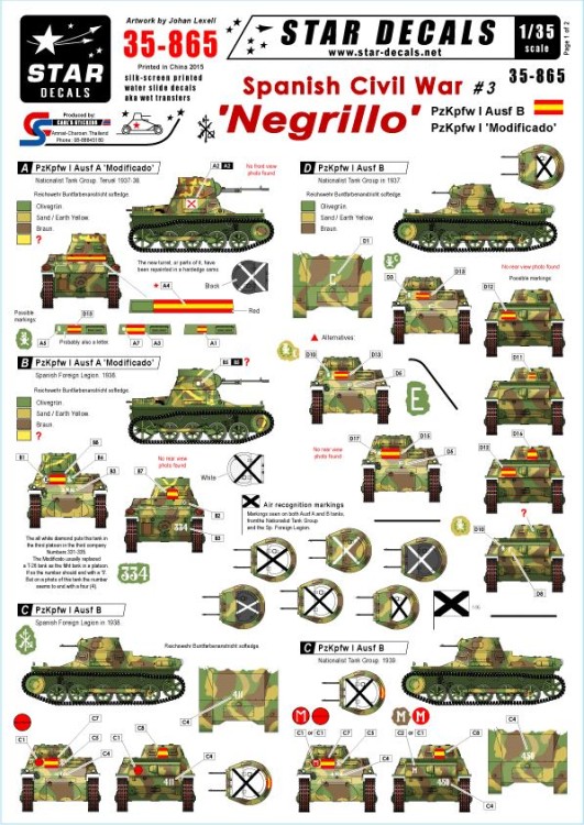 Star Decals STAR35865 Spanish Civil War #3 Negrillo Pz.Kpfw.I Ausf.B and Pz.Kpfw.I 'Modificado' 1/35