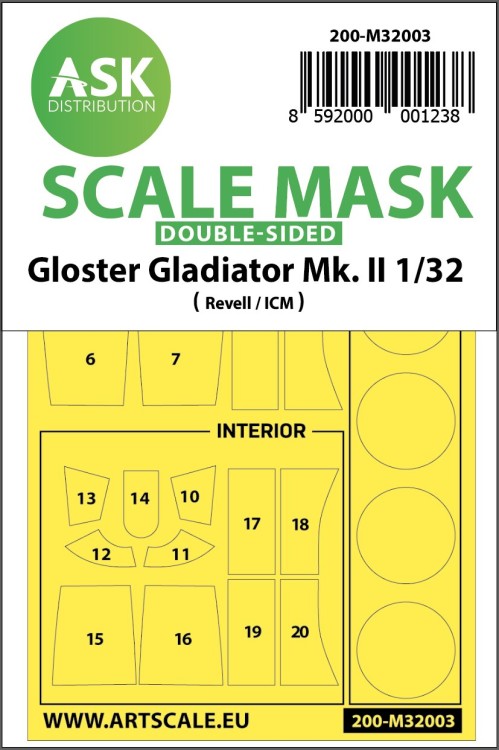 Art Scale 200-M32003 Gloster Gladiator Mk.I/Mk.II -Kabuki wheels and canopy frame paint masks (inside & outside) 1/32