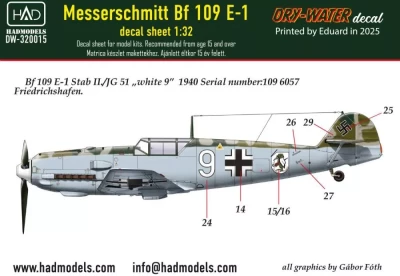 HAD DW32015 Decal Messerschmitt Bf 109 E-1 (dry-water) 1/32