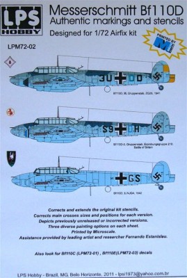 LPS Hobby LPM-72001 1/72 Bf 110C Decals&amp;Stencils (3x Luftwaffe camo)