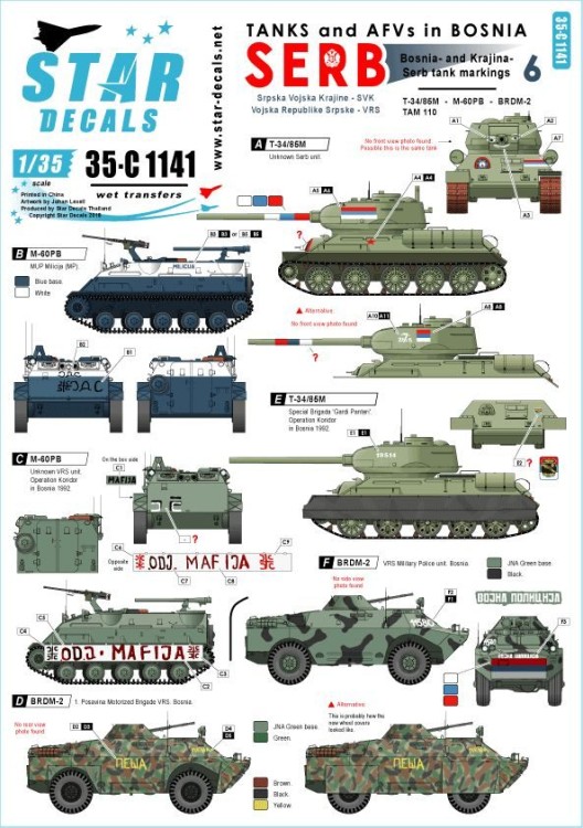 Star Decals 35-C1141 Tanks & AFVs in Bosnia # 6. Serbian Soviet T-34, BRDM-2, M60 PB, TAM-110 truck 1/35
