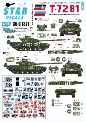 Star Decals 35-C1377 War in Ukraine # 6T-72 B1.Markings from the Donetsk Republic-DPR and Luhansk Republic-LPR, in 2022.[Soviet] 1/35