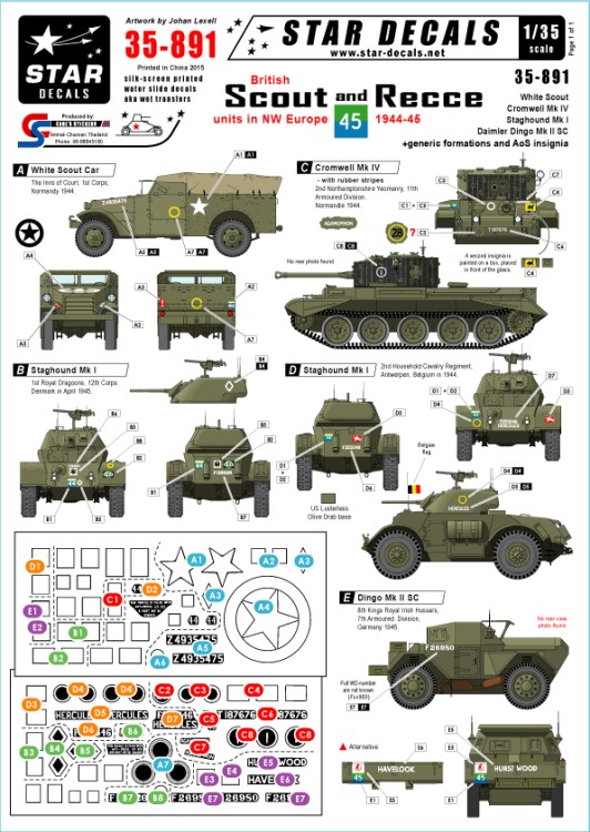Star Decals STAR35891 British recce units in North West Europe 1944-45 White Scout, Cromwell Mk.IV and MK VI, Staghound, Dingo and generics 1/35