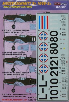 Kora Model DEC4837 Bf 109E-3A (Royal Yugoslav AF) декали 1/48