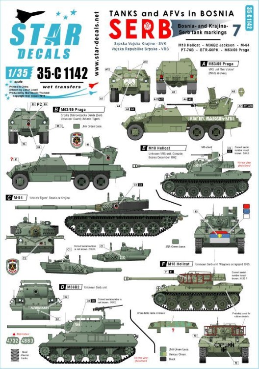 Star Decals 35-C1142 Tanks & AFVs in Bosnia # 7. Serbian M84, Hellcat, M36B2, M53/59 Praga, PT-76, BTR-50PK 1/35