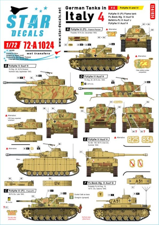 Star Decals 72-A1024 German tanks in Italy # 4. Pz.Kpfw.III and Pz.Kpfw.IV.Pz.Kpfw.III Flame tank, Pz-BeobachtungsWg. III Ausf.G, Befehls-Pz.Kpfw.III Ausf.J. Pz.Kpfw.IV Ausf.H 1/72