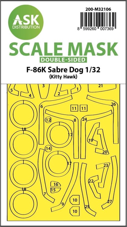 Art Scale 200-M32106 North-American F-86K Sabre Dog wheels and canopy frame paint mask (inside and outside) 1/32