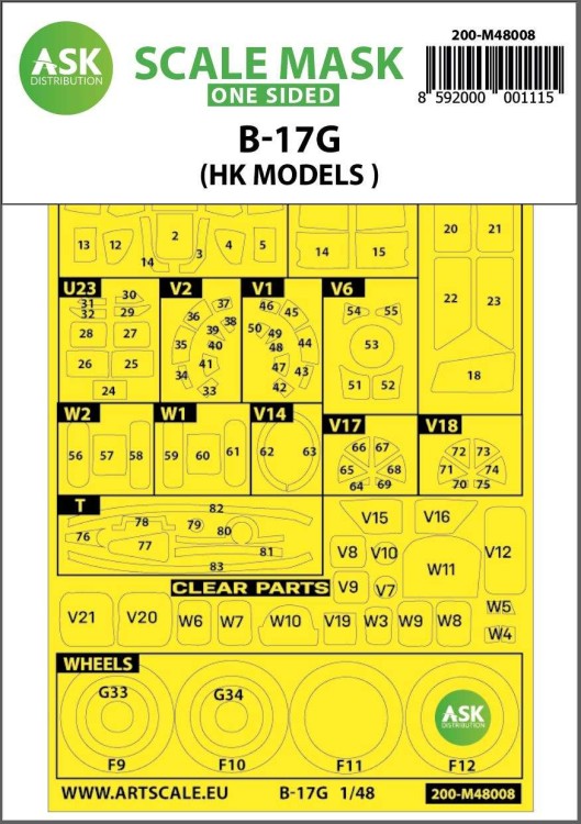Art Scale 200-M48008 Boeing B-17G Flying Fortress wheels and canopy frame paint masks (outside only) 1/48